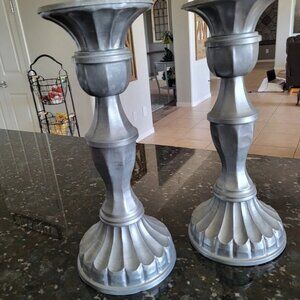2 POTTERY BARN 16 inch Candlesticks Pewter Color Tin - Tag for each $39.50